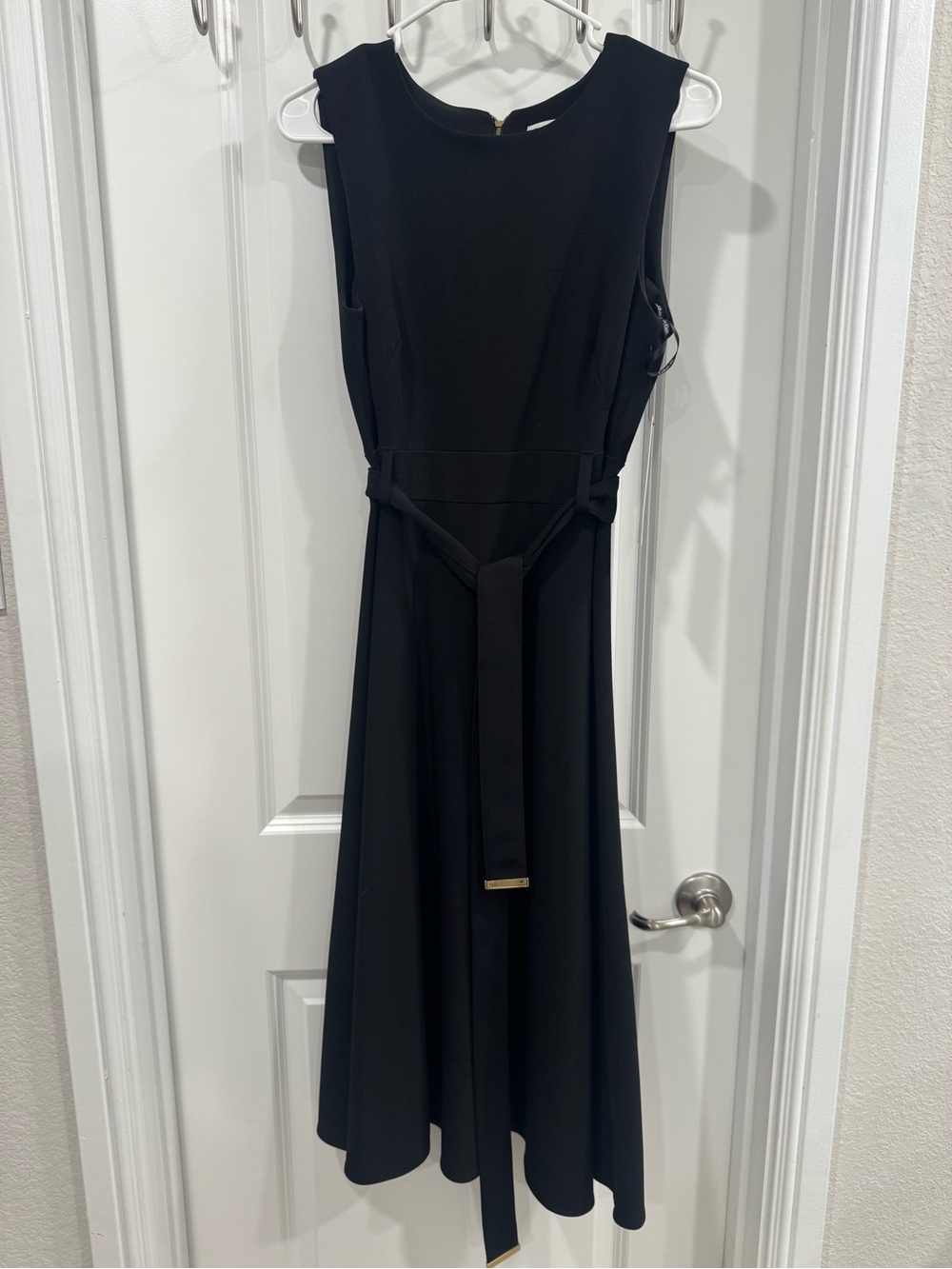Calvin Klein Black Sleeveless Midi Dress with Waist Tie